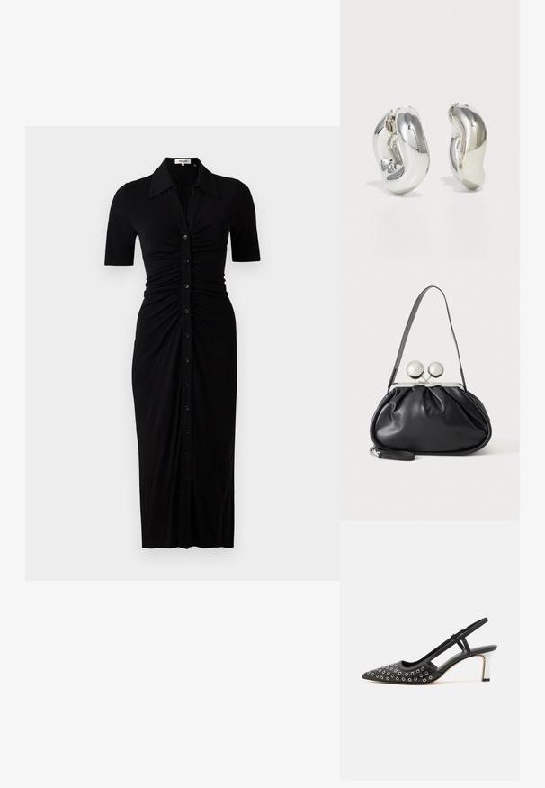 Vestido negro con mangas cortas, cierre de botones en la parte delantera y detalles fruncidos. Confeccionado en tela suave, de longitud hasta la rodilla y con silueta ajustada.; Zapato de tacón slingback negro con punta afilada, decoraciones metálicas de ojetes, material de piel suave y un diseño de tacón bicolor.; Bolso de mano de cuero negro con diseño fruncido, una sola correa, marco metálico plateado y dos cierres grandes redondos de plata.; Pendientes escultóricos de plata con formas suaves y curvas y superficies reflectantes. Presentan un diseño de aro cerrado y una forma orgánica distintiva.