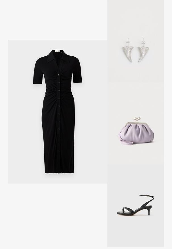 Schwarzes Kleid mit kurzen Ärmeln, Knopfleiste und Raffung. Aus glattem Stoff, knielang mit taillierter Silhouette.; Schwarze Ledersandale für Damen mit dünnen Riemchen, einer Zehenlasche, einer Knöchelschnalle und einem mittelhohen Stöckelabsatz vor neutralem Hintergrund.; Weiche Lavendel-Clutch mit gerafftem Stoff, silbernem Kiss-Lock-Verschluss und passendem Handgelenksriemen auf hellem einfarbigem Hintergrund.; Silberne, hornförmige Ohrringe, besetzt mit kleinen klaren Steinen, mit einem Steckverschluss zur Befestigung. Glatte Textur und metallisches Finish.
