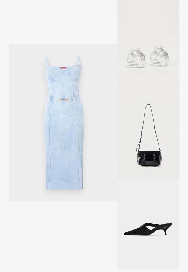 Robe midi ajustée bleu clair avec fines bretelles, détails de coutures, et ceinture assortie ornée d'une étiquette logo Diesel rouge et blanche.; Mule noire à bout pointu avec un petit talon kitten et des larges brides superposées sur le dessus du pied.; Sac à bandoulière en cuir noir avec sangle réglable, deux fermetures éclair verticales sur le devant et un petit emblème métallique en forme d'aile sous les fermetures éclair.; Boucles d'oreilles en argent en forme de coquillage avec des nervures texturées et des courbes lisses, dotées d'un dos transparent pour un port sécurisé.