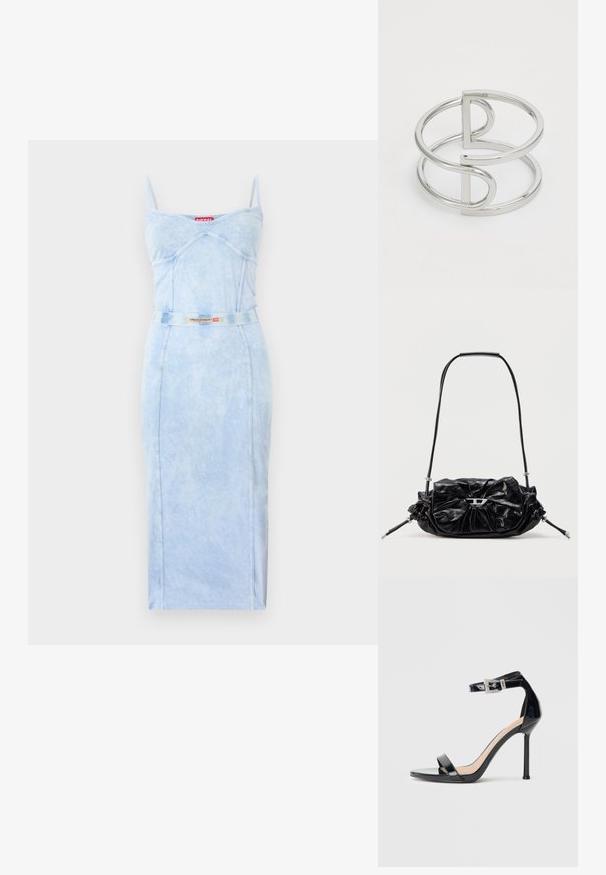 Robe midi ajustée bleu clair avec fines bretelles, détails de coutures, et ceinture assortie ornée d'une étiquette logo Diesel rouge et blanche.; Sandale à talon haut en cuir verni noir avec bride à la cheville. Présente un design minimaliste, un bout ouvert et une boucle ornée de strass.; Sac à main en cuir noir avec un design froncé et un détail en forme de nœud sur le devant. Dispose d'une poignée courte et d'accents de quincaillerie argentée.; Bracelet en métal argenté avec un design à double boucle, fini lisse et brillant, et un accent géométrique minimaliste.