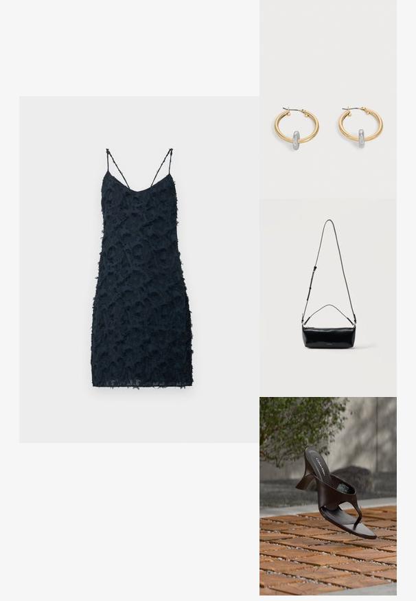 Robe navy avec des fines bretelles spaghetti, présentant une surface texturée avec des volants superposés, une coupe slim et un design longueur genoux.; Sandale à talon marron Calvin Klein suspendue au-dessus d'un sol extérieur en dalles de bois et gravier avec un arrière-plan flou de verdure et de pierres.; Sac bandoulière rectangulaire en cuir noir avec bandoulière ajustable, fermeture éclair sur le dessus et petit logo Calvin Klein doré sur le devant.; Paire de boucles d'oreilles créoles dorées avec un petit détail boucle ton argent sur chaque, exposées sur fond gris clair.