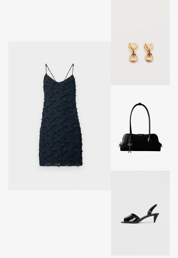Robe navy avec des fines bretelles spaghetti, présentant une surface texturée avec des volants superposés, une coupe slim et un design longueur genoux.; Talons slingback en cuir verni noir avec un open toe, présentant un talon mince et un accent de marque sur la sangle.; Sac à main en cuir noir Calvin Klein avec de longues anses, une étiquette logo à l'avant et un charme géométrique argenté suspendu à une anse.; Paire de boucles d'oreilles créoles en bouclettes dorées brillantes sur fond blanc uni, présentant un design torsadé entrelacé.