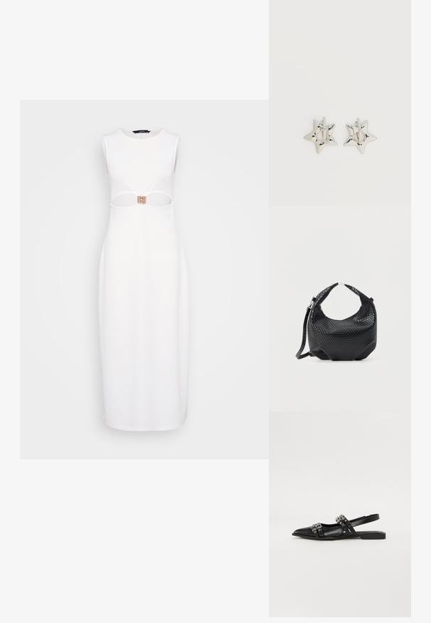 Robe blanche sans manches avec un design découpé à la taille, mettant en avant une boucle rectangulaire beige et une silhouette droite.; Even&Odd by Zalando Ballerines à brides arrière - black; Sac à main en cuir tressé noir avec poignée courte et bandoulière amovible, présenté sur un fond clair uni.; Boucles d’oreilles créoles en forme d’étoile argentée avec une finition lisse et polie sur un fond blanc uni.
