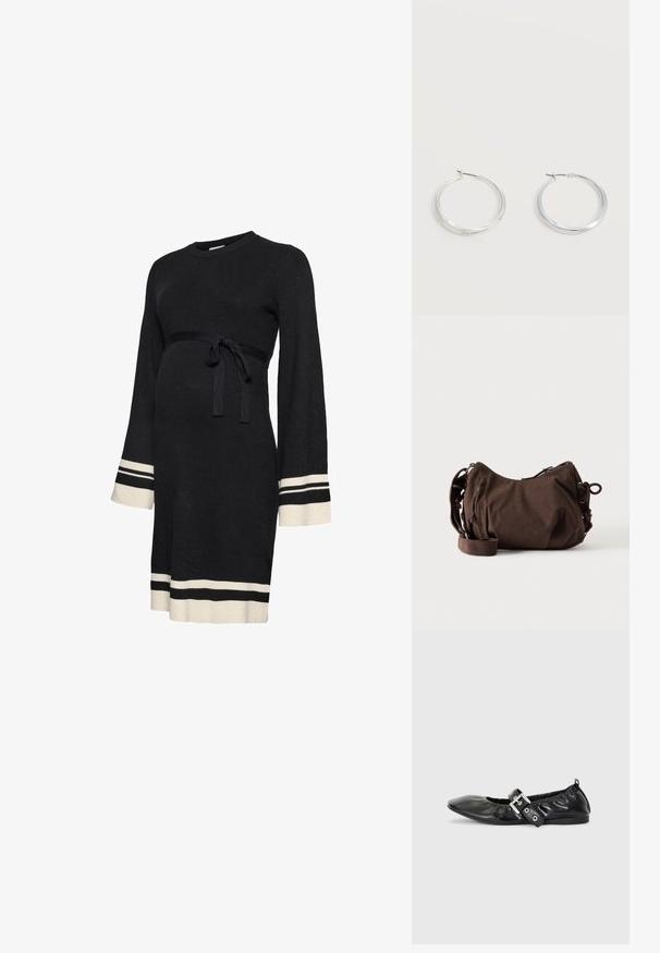 Robe de maternité noire côtelée avec manches longues, ceinture ajustée à la taille et rayures accent blanches aux poignets et à l'ourlet. Texture douce.; Chaussure plate en cuir noir avec un nez pointu, des détails froncés autour de l'ouverture et un accent en boucle argentée sur la bride ajustable.; Sac à bandoulière en velours côtelé marron avec sangle réglable, fermeture éclair et détails à cordon latéraux sur fond blanc.; Boucles d’oreilles créoles en métal argenté avec une surface lisse légèrement incurvée et des fermoirs à clapet sur un fond blanc uni.