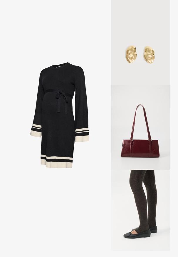 Robe de maternité noire côtelée avec manches longues, ceinture ajustée à la taille et rayures accent blanches aux poignets et à l'ourlet. Texture douce.; Jambes portant des leggings côtelés foncés associés à des ballerines noires avec de petits détails en nœud sur fond blanc.; Sac à main bordeaux en matériau brillant, de forme rectangulaire, avec deux anses et des accents légèrement courbés à l'avant.; Paire de boucles d'oreilles en métal doré brillant, de forme irrégulière, avec une surface froissée et lisse sur un fond clair uni.