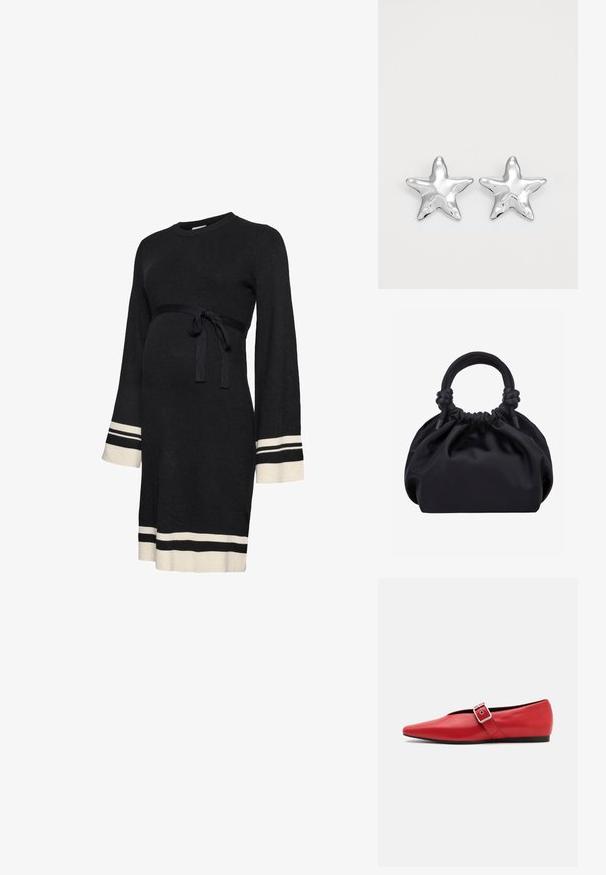 Robe de maternité noire côtelée avec manches longues, ceinture ajustée à la taille et rayures accent blanches aux poignets et à l'ourlet. Texture douce.; Ballerine en cuir rouge avec une pointe pointue, comportant une lanière sur le côté avec une boucle en métal et un petit talon noir. Texture lisse sur l'ensemble.; Sac à main en tissu noir doux avec haut froncé et poignées circulaires rembourrées nouées de chaque côté.; Boucles d'oreilles argentées en forme d'étoile, avec une surface lisse et brillante. Chaque boucle d'oreille possède cinq pointes et des détails subtils de texture de surface.