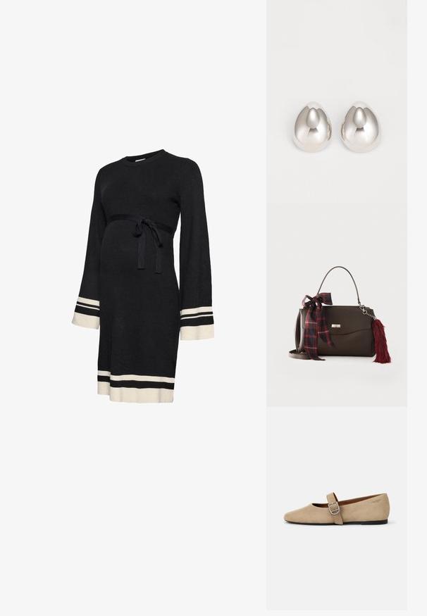 Robe de maternité noire côtelée avec manches longues, ceinture ajustée à la taille et rayures accent blanches aux poignets et à l'ourlet. Texture douce.; Ballerines en daim beige de style Mary Jane avec un bout pointu et une seule sangle réglable dotée d'une boucle en métal argenté. Semelle plate noire.; Sac à main marron foncé avec une anse supérieure, un nœud à carreaux rouge à gauche et un porte-clés rouge duveteux à droite sur un fond uni.; Boucles d'oreilles en métal argenté avec un design lisse et arrondi ressemblant à la forme d'une goutte d'eau, présentant une surface réfléchissante et une finition sans couture.