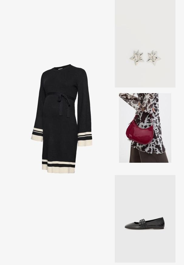 Robe de maternité noire côtelée avec manches longues, ceinture ajustée à la taille et rayures accent blanches aux poignets et à l'ourlet. Texture douce.; Chaussure plate noire à bout pointu, fabriquée en cuir lisse. Présente trois brides décoratives avec boucles sur le cou-de-pied.; Femme portant un chemisier à motif noir et blanc tenant un sac à main rouge brillant sur un fond uni.; Boucles d’oreilles créoles en forme d’étoile argentée avec une finition lisse et polie sur un fond blanc uni.