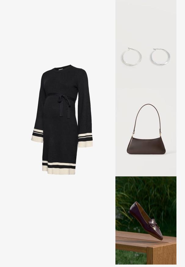 Robe de maternité noire côtelée avec manches longues, ceinture ajustée à la taille et rayures accent blanches aux poignets et à l'ourlet. Texture douce.; Mocassin en cuir marron avec un détail de nœud flottant au-dessus d’un banc en bois, feuillage vert flou en arrière-plan.; Sac à main en cuir marron foncé avec une fermeture éclair incurvée en haut et une fine bandoulière avec des fermoirs dorés sur un fond uni.; Boucles d’oreilles créoles en métal argenté avec une surface lisse légèrement incurvée et des fermoirs à clapet sur un fond blanc uni.
