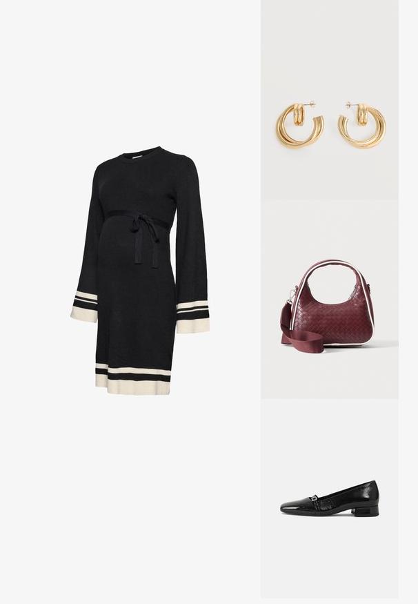 Robe de maternité noire côtelée avec manches longues, ceinture ajustée à la taille et rayures accent blanches aux poignets et à l'ourlet. Texture douce.; Ballet flats en cuir verni noir avec un bout pointu, un petit talon carré et un détail de boucle métallique sur la sangle. Texture lisse.; Sac à main en cuir tressé marron foncé avec poignée courbée, garniture blanche, fermeture éclair argentée et bandoulière large en tissu amovible sur fond uni.; Paire de boucles d'oreilles créoles doubles en or brillant avec attaches à tige sur fond blanc.
