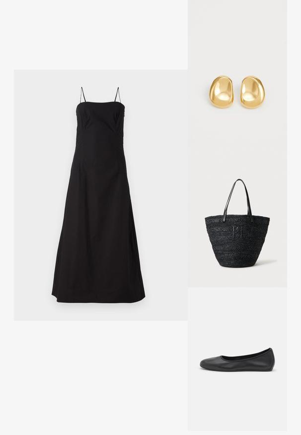 Faithfull the brand OSTANO DRESS - Maxikleid - black; Schwarze Leder-Ballettschuhe mit abgerundeter Spitze, glatter Textur, minimalen Nähdetails und einem flexiblen Sohlen-Design.; Schwarze, gewebte Tragetasche mit zwei dünnen Ledergriffen und einem dezenten, geflochtenen Logo auf der Vorderseite, stehend vor einem hellen Hintergrund.; Goldfarbene Ohrstecker mit einer glatten, runden Form und einer reflektierenden Oberfläche, die ein minimalistisches Design ohne sichtbare Muster zeigen.