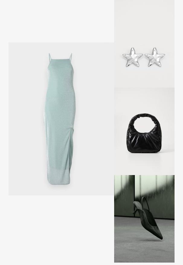 Vestido largo sin mangas de color verde menta claro con una textura brillante. Cuenta con tirantes finos y una abertura lateral para facilitar el movimiento.; Zapato de tacón alto con punta puntiaguda y talón destalonado de cuero negro flotando sobre un suelo alfombrado gris, fondo de pared verdosa borrosa.; Bolso negro acolchado con un asa redondeada, que presenta una superficie lisa y brillante y una textura suave y acolchada. Sin herrajes ni acentos visibles.; Pendientes en forma de estrella plateada con una superficie pulida y brillante. Cada pendiente presenta cinco puntas y sutiles detalles de textura en la superficie.