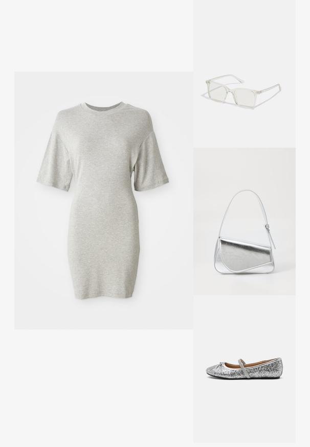 Grå kjole med korte ærmer lavet af blødt, let materiale. Den har en løs pasform og rund halsudskæring, med en let indsnævret form mod kanten.; Sølvglitter balletflade med rund tå, elastisk rem og minimal hæl. Struktureret overflade med metallisk glans og kontrasterende kant.; Klare plastiske briller med firkantet ramme og gennemsigtige linser, der har guld accenter på tempelstængerne for ekstra detaljer.; Sølvmetallic håndtaske med en trekantet form, glat overflade og en tynd, justerbar skulderrem. Har et fold-over design med syninger.