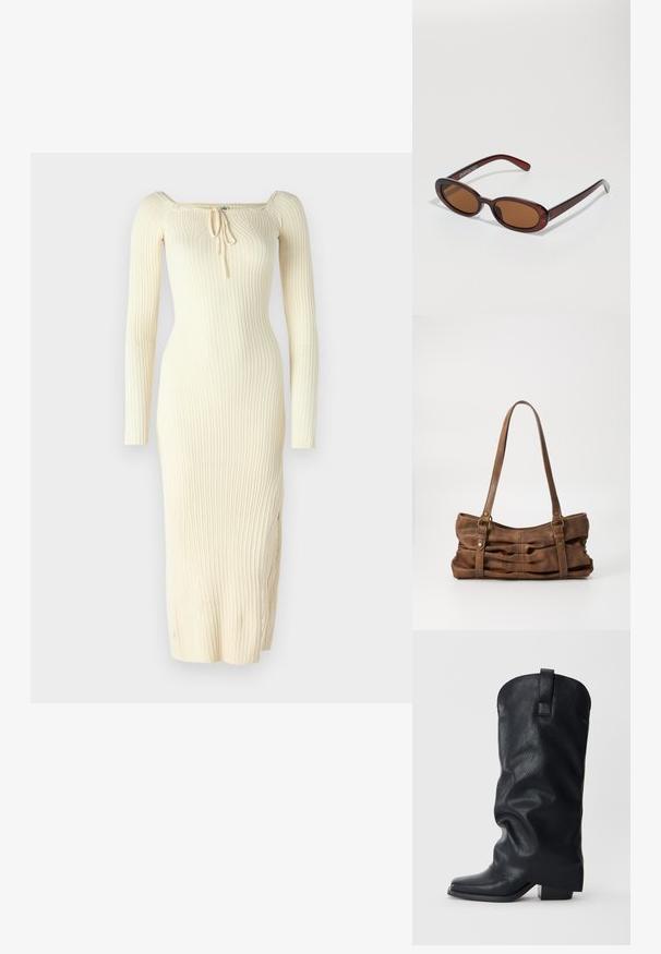 Vestido de manga larga acanalado en color crema, con escote cuadrado y detalle de cordón ajustable en la parte frontal. Diseño ajustado con abertura lateral.; Bota vaquera alta de cuero negro con un tacón bajo y bloque, y una lengüeta para tirar, sobre un fondo claro y sencillo.; Gafas de sol redondas con tinte marrón y un marco burdeos brillante. Patillas delgadas con un sutil detalle de marca. Diseño de lentes planos.; Even&Odd Bolso de mano - brown