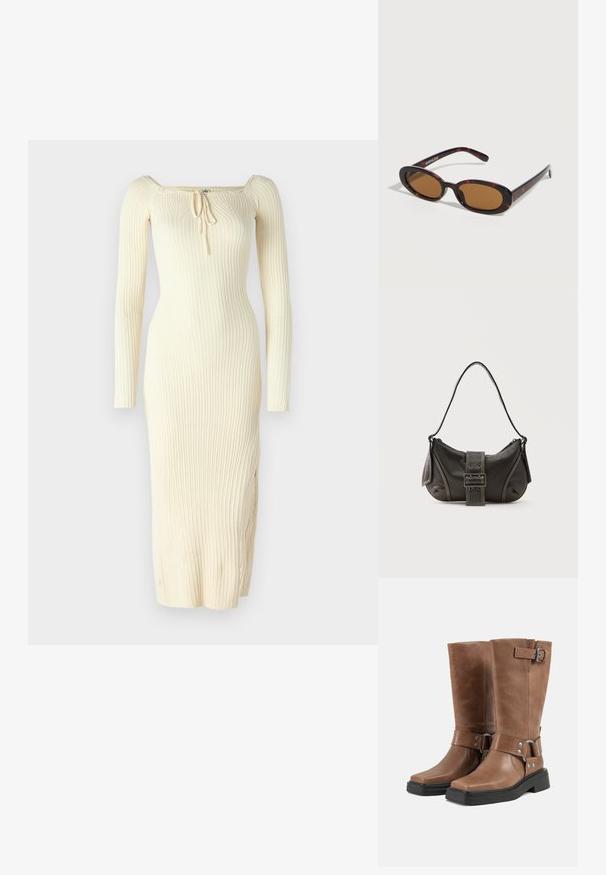 Gestreiftes, langärmliges Kleid in Creme mit quadratischem Ausschnitt und verstellbarem Kordelzugdetail vorne. Figurbetonter Schnitt mit seitlichem Schlitz.; Paar braune Lederstiefel bis zur Mitte der Wade mit schwarzen klobigen Sohlen, seitlichen Riemen mit Metallschnallen und Nieten sowie eckigen Zehen.; Oval geformte Sonnenbrille im Schildpatt-Design mit braunen getönten Gläsern und dünnen Bügeln, liegend auf einer weißen Oberfläche.; Schwarze Leder-Schultertasche mit Schnallengurt-Detail, abgerundeten Kanten und kontrastierenden weißen Nähten auf schlichtem Hintergrund.