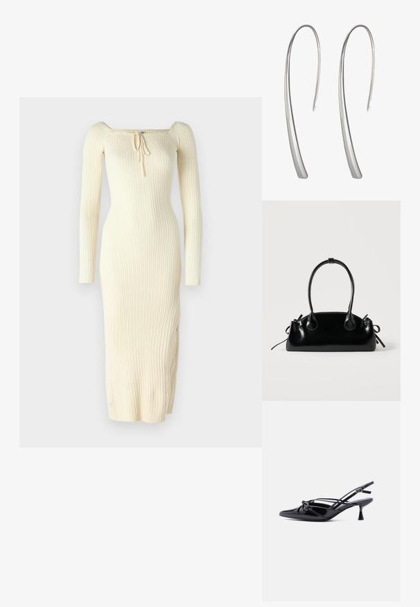 Gestreiftes, langärmliges Kleid in Creme mit quadratischem Ausschnitt und verstellbarem Kordelzugdetail vorne. Figurbetonter Schnitt mit seitlichem Schlitz.; Schwarzer Slingback-Pumps aus Lackleder mit spitzer Zehenpartie, niedrigem Kitten-Heel und dekorativer, geknoteter Schleife vorne.; Kleine schwarze glänzende Handtasche mit zwei langen Griffen und seitlichen Kordelzug-Details vor einfachem hellem Hintergrund.; Lange silberne Tropfohrringe mit einem eleganten, länglichen Design und einer glatten, polierten Oberfläche. Sie verfügen über eine minimalistische geschwungene Form.