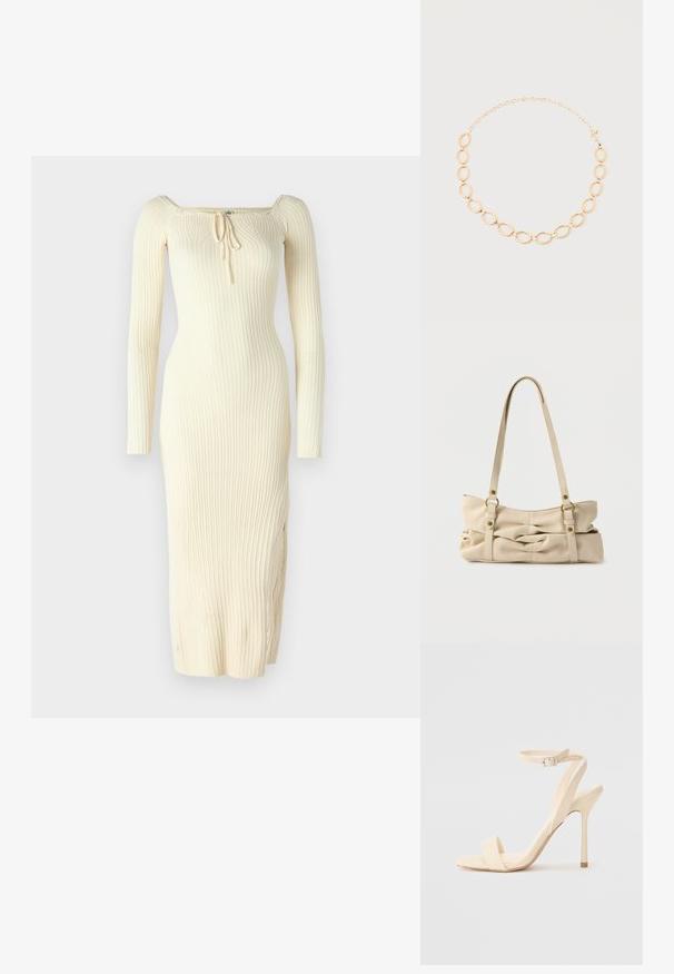 Gestreiftes, langärmliges Kleid in Creme mit quadratischem Ausschnitt und verstellbarem Kordelzugdetail vorne. Figurbetonter Schnitt mit seitlichem Schlitz.; Beige High Heel Sandale mit einem schmalen Knöchelriemen und quadratförmiger Zehenpartie. Glattes synthetisches Material, minimalistisches Design und Pfennigabsatz.; Beige Handtasche aus Kunstleder mit zwei langen Tragegurten, geraffter Textur und Messing-Beschlägen. Entworfen in einer breiten, lockeren Form.; Goldkette mit abwechselnd großen, strukturierten ovalen Gliedern und kleineren Kettengliedern, gesichert durch einen Karabinerverschluss.