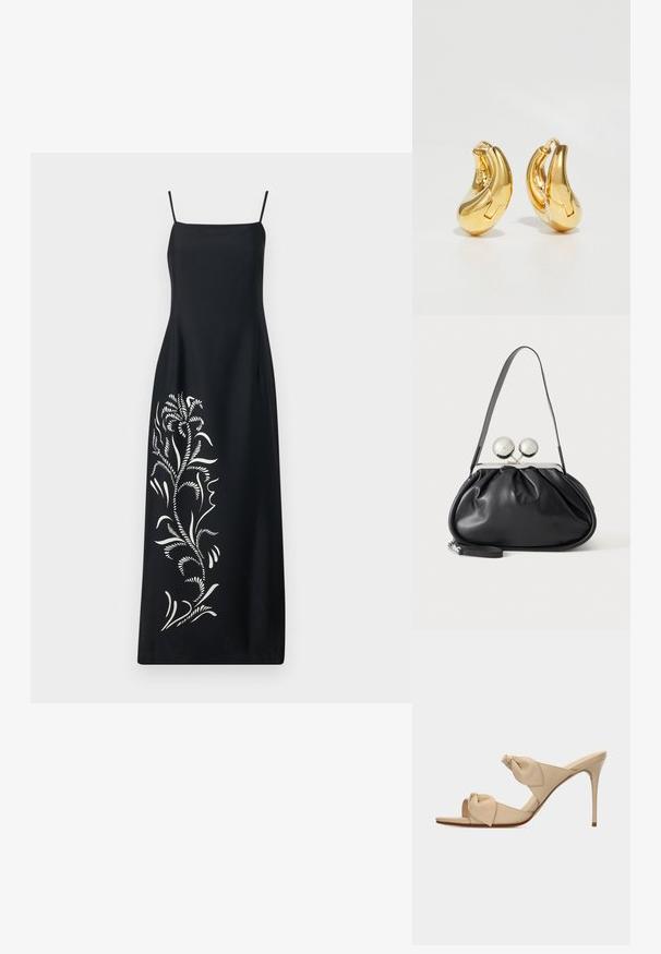 Robe noire à fines bretelles, ornée d'un design de broderie florale blanche sur un côté, en tissu lisse et avec une silhouette droite.; Mule beige à talon haut ouvert à l'avant avec deux brides nouées torsadées et un talon aiguille fin sur fond blanc.; Sac à main en cuir noir avec un design plissé, une sangle unique, un cadre métallique argenté et deux grandes fermoirs ronds en argent.; Boucles d'oreilles en or en forme de d'anneaux lisses et courbés avec une finition polie. Équipées d'un mécanisme de fermeture et de légères indentations pour le détail.