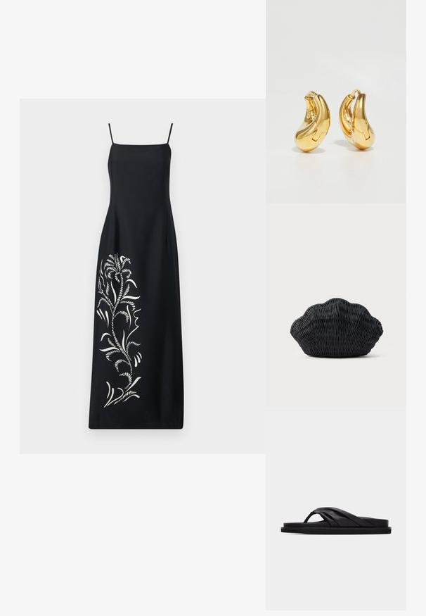 Robe noire à fines bretelles, ornée d'un design de broderie florale blanche sur un côté, en tissu lisse et avec une silhouette droite.; Sandale plate noire avec bride croisée rembourrée et entre-doigt, design minimaliste sur fond gris clair uni.; Sac à main en osier noir en forme de coquille Saint-Jacques avec un dessus courbé et une texture tressée sur un fond uni.; Boucles d'oreilles en or en forme de d'anneaux lisses et courbés avec une finition polie. Équipées d'un mécanisme de fermeture et de légères indentations pour le détail.