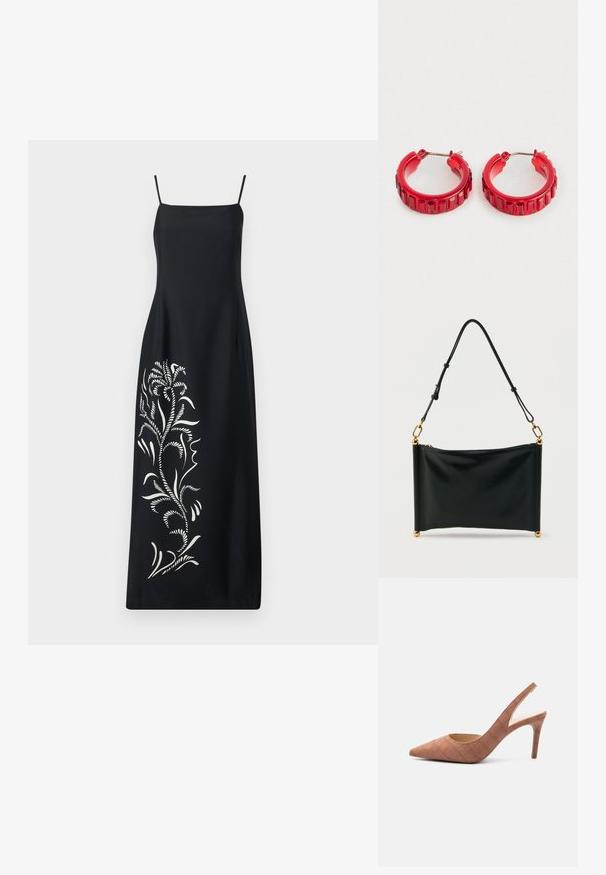 Musta mekko ohuilla olkaimilla, jossa on valkoinen kukkakuviointi toisella puolella, sileä kangas ja suora siluetti.; Ruskeat mokkaiset, teräväkärkiset slingback-korkokengät, joissa on keskikorkea piikkikorko ja hienovarainen tikattu kuvio, valkoisella taustalla.; Musta suorakaiteen muotoinen nahkainen käsilaukku, jossa säädettävä hihna, kultaiset metalliosat ja vetoketjullinen sulku, seisoo pystyasennossa valkoista taustaa vasten.; Pieniä punaisia rengaskorvakoruja, joissa on suorakulmaiset faacettiset yksityiskohdat ja hopeiset metallikiinnikkeet valkoista taustaa vasten.