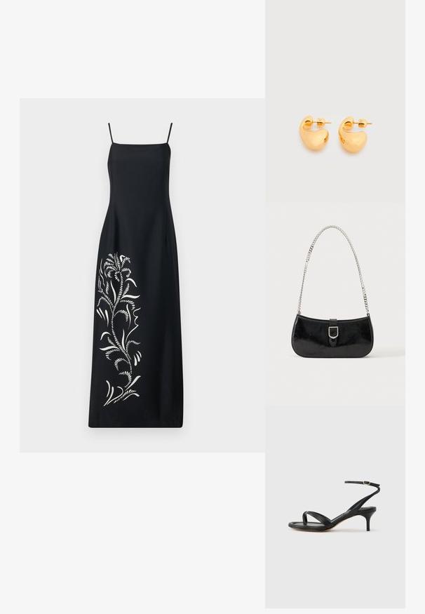 Robe noire à fines bretelles, ornée d'un design de broderie florale blanche sur un côté, en tissu lisse et avec une silhouette droite.; Sandale pour femme en cuir noir avec fines lanières, une boucle d'orteil, une boucle à la cheville et un talon aiguille de hauteur moyenne sur un fond neutre.; Sac à épaule en cuir verni noir avec détail de boucle argentée et bandoulière en chaîne argentée, présenté sur un fond uni clair.; Paire de petites boucles d'oreilles clous épaisses en métal doré avec des formes lisses, courbes et abstraites sur un fond clair.