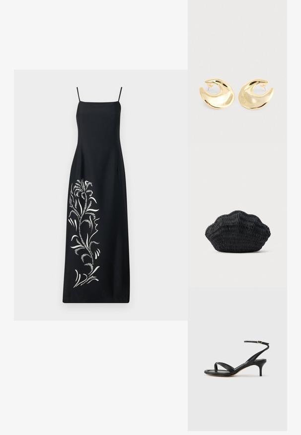 Zwart jurkje met dunne bandjes, voorzien van een witte bloemenborduurontwerp aan één kant, gladde stof en een rechte silhout. ; Zwarte leren dames sandaal met dunne bandjes, een teengreep, een enkelgesp en een stilettohak van gemiddelde hoogte op een neutrale achtergrond.; Zwarte gevlochten handtas in de vorm van een sint-jakobsschelp met een gebogen bovenkant en een geweven textuur op een effen achtergrond.; Een paar glanzende gouden halvemaanvormige studs met transparante plastic achterkanten op een lichtgrijze ondergrond.
