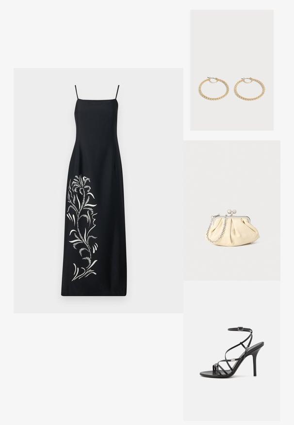 Robe noire à fines bretelles, ornée d'un design de broderie florale blanche sur un côté, en tissu lisse et avec une silhouette droite.; Sandale noire à talons hauts avec des brides fines, une boucle à la cheville, une surface en cuir lisse et un talon aiguille élancé.; Pochette en cuir beige plissé avec un cadre en métal argenté, dotée de deux fermoirs ronds décoratifs et d'une chaîne en argent.; Paire de boucles d'oreilles créoles en or de taille moyenne avec un design texturé et perlé sur un fond clair uni.