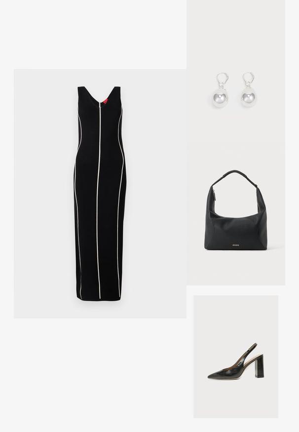 Sort ærmeløs kjole med V-hals design, lodrette hvide striber og en tætsiddende silhuet. Glat stof med en subtil glans.; Sort læder kvindesko med slingback, spids tå og tyk blokhøj hæl på hvid baggrund.; Sort skuldertaske i læder med flettet hank, guldlåsdetalje og lille gyldent "HUGO"-logo på fronten midt.; Sølv dråbeøreringe med glatte, runde, reflekterende overflader hængende fra svingelukkede låse. Baggrunden er helt hvid.