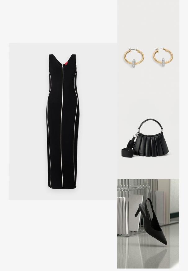 Sort ærmeløs kjole med V-hals design, lodrette hvide striber og en tætsiddende silhuet. Glat stof med en subtil glans.; Sort spids tå slingback højhælet sko svævende i luften over en skinnende gulv med stablede ringbind i baggrunden.; Sort læderhåndtaske med plissering, kort håndtag og aftagelig bred skulderrem i stof på hvid baggrund.; Par guldtonede hoop øreringe med lille sølvfarvet loop-detalje på hver, vist mod lysegrå baggrund.