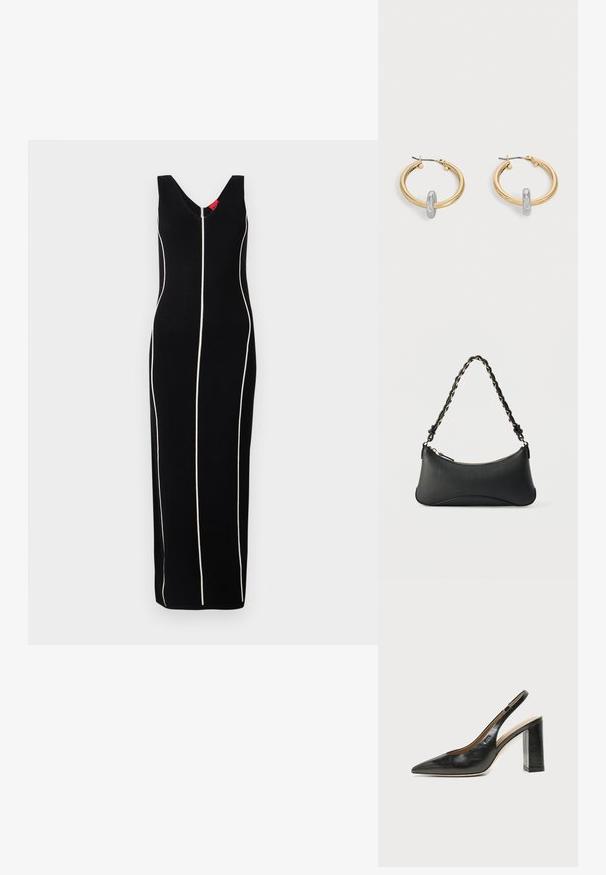 Vestido negro sin mangas con un diseño de escote en V, rayas verticales blancas y una silueta ajustada. Tela suave con un brillo sutil.; Zapato slingback de piel negra con puntera puntiaguda, tacón alto y ancho, y forro interior beige sobre un fondo claro y liso.; Bolso de hombro de cuero negro con forma rectangular curvada, cadena dorada entrelazada en una correa negra trenzada y cierre superior con cremallera.; Par de pendientes de aro en tono dorado con pequeño detalle de aro en tono plateado en cada uno, expuestos sobre un fondo gris claro.