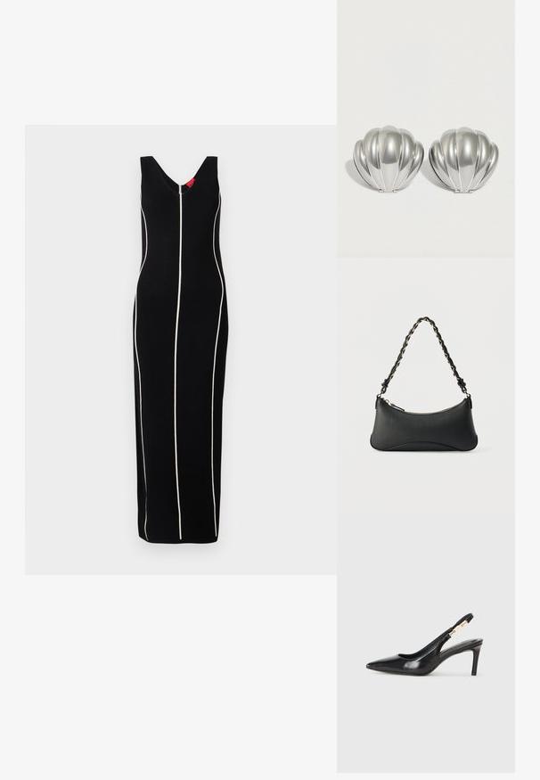 Sort ærmeløs kjole med V-hals design, lodrette hvide striber og en tætsiddende silhuet. Glat stof med en subtil glans.; Sort læder slingback højhælede sko med spidse tæer, glat overflade og en smal ankelrem med guldfarvede hardware detaljer.; Sort skuldertaske i læder med en buet rektangulær form, gyldent kæde vævet ind i en flettet sort rem og toplynlås.; To sølvfarvede kompakte spejle formet som muslingeskaller med ribbede detaljer, placeret side om side på en hvid baggrund.