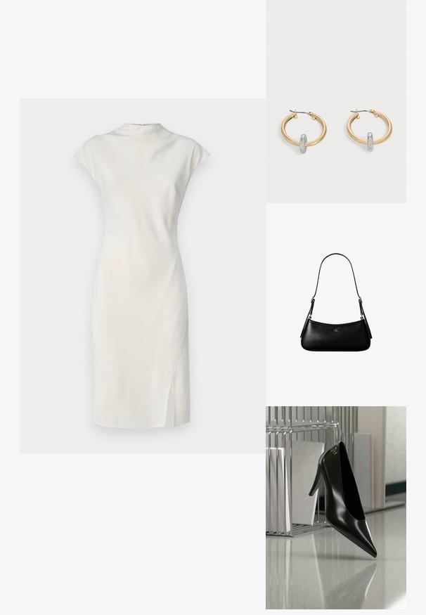 Vestido blanco sin mangas con un escote alto y una abertura lateral. Textura suave, diseño ajustado y estilo minimalista.; Zapato de tacón alto negro con punta afilada y logo dorado, colocado sobre una superficie reflectante cerca de un organizador de archivos de alambre cromado con documentos.; Mini bolso negro de cuero para hombro con correa delgada y pequeño logo dorado CK en el centro frontal.; Par de pendientes de aro en tono dorado con pequeño detalle de aro en tono plateado en cada uno, expuestos sobre un fondo gris claro.