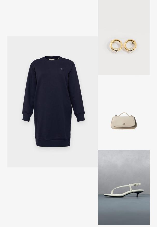 Tumedate sweatshirt-riietus pehmest puuvilla segust. Omab pikki varrukaid, ribakudumisega mansette ja ümarat kaela. Rinnal on väike logo detail.; Valge rihmadega kitten-kontsaga sandaal, millel on terav ninaosa, hõljumas puidust plaatpõranda kohal õues, taustal hägune taim ja sein.; Väike beež nahast käekott ülemise sangaga ja hõbedase CK logoga esiklapil, valgel taustal.; Kuldsetest ümmargustest kõrvarõngastest, millel on kaks väikesest hõbedast rõngast, näidates õrnu graveeritud brändi nime detaile, valgel taustal.