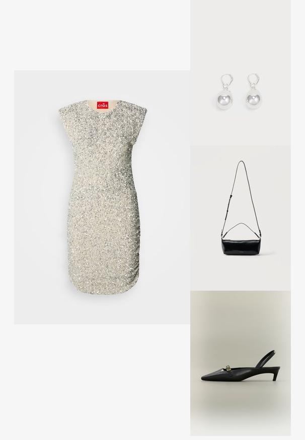 Robe argentée sans manches ornée de sequins, avec un col rond et une coupe ajustée, présentant des fronces sur les côtés pour une texture supplémentaire.; Escarpin slingback en cuir noir avec talon kitten, bout pointu et petite boucle dorée sur un fond uni.; Sac bandoulière rectangulaire en cuir noir avec bandoulière ajustable, fermeture éclair sur le dessus et petit logo Calvin Klein doré sur le devant.; Boucles d'oreilles en argent en forme de goutte avec des surfaces lisses, rondes et réfléchissantes, suspendues à des fermoirs à ressort. L'arrière-plan est blanc uni.
