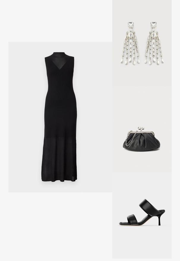 Robe maxi noire sans manches en tissu côtelé, avec col montant et panneau transparent au-dessus de la poitrine, cintrée aux hanches et évasée à l'ourlet.; Sandale mule en cuir noir avec deux larges brides et un talon stiletto fin de hauteur moyenne sur un fond clair uni.; Porte-monnaie en cuir noir avec texture froncée, cadre en métal argenté, fermeture à verrouillage kiss-lock et bandoulière en chaîne. Surface lisse et douce.; Boucles d'oreilles en ton argenté avec des clous carrés, des perles circulaires et des chaînes pendantes se terminant par des charms en forme de goutte.