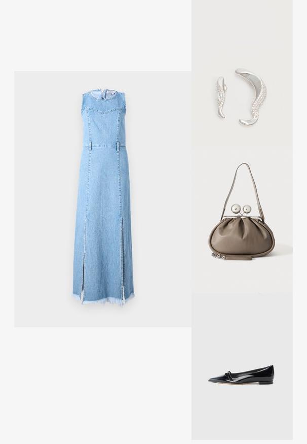 Denim maxi kjole i lys blå, ærmeløs design med rund halsudskæring, med to sidelæg og frynset kantdetalje.; Sorte patentlæder flade sko med spids tå, lille dekorativ rem og lav blokhæl. Glat tekstur og strømlinet design.; Grå læderhåndtaske med rundet form, toplås med to store sølvkugler og en enkelt strop.; To buede sølvøreringe, en større end den anden, begge prydet med små funklende krystaller langs den ene kant.