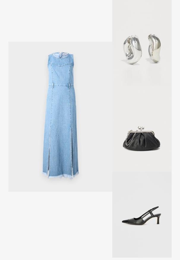Denim maxi kjole i lys blå, ærmeløs design med rund halsudskæring, med to sidelæg og frynset kantdetalje.; Sort læder slingback-sko med spids tå, der har en blank accent på tåhætten og en mellemhøj hæl. Åben sidesektion.; Sort læder clutch med samlet tekstur, sølvfarvet metalramme, kys-lås lukning og kædestrop. Glat, blød overflade.; Sølvskulpturelle øreringe med glatte, buede former og reflekterende overflader. Har et lukket hoop-design og en markant organisk form.