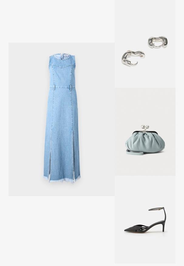Denim maxi kjole i lys blå, ærmeløs design med rund halsudskæring, med to sidelæg og frynset kantdetalje.; Sort læder højhælet sko med spids tå, åbne sider og en tynd ankelrem med en lille guld detalje.; Lille lyseblå læder møntpung med sølv metal kysse-lås og kort håndledsrem på ensfarvet baggrund.; Sølvøreringe med et glat, bølget design; har en kraftig form og en poleret overflade, der fremhæver en moderne æstetik.