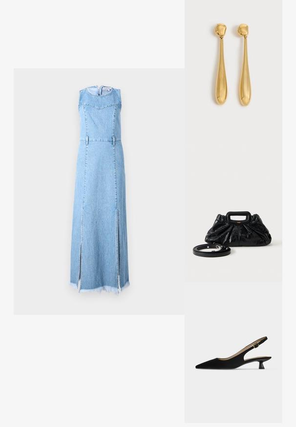 Denim maxi kjole i lys blå, ærmeløs design med rund halsudskæring, med to sidelæg og frynset kantdetalje.; Sort, spids slingback-sko med lav kitten-hæl og guldfarvet spænderem, vist i profil på ensfarvet lyst baggrund.; Lille sort læderhåndtaske med rynket tekstur, rektangulært håndtag og aftagelig tynd skulderrem placeret ved siden af.; Par lange, glatte, skinnende gyldne dråbeøreringe med afrundede toppe og tilspidsede dråbeformer på en lys baggrund.
