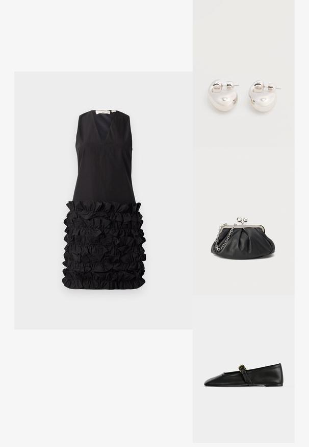Robe noire sans manches avec un décolleté en V et un design à fronces au niveau de la taille, avec un haut lisse contrastant et un bas texturé.; Chaussure plate Mary Jane en cuir noir à bout pointu avec une fine bride munie d'une petite boucle dorée, présentée de côté sur un fond uni.; Porte-monnaie en cuir noir avec texture froncée, cadre en métal argenté, fermeture à verrouillage kiss-lock et bandoulière en chaîne. Surface lisse et douce.; Paire de boucles d'oreilles argentées brillantes et épaisses avec fermoirs à tige, sur fond blanc uni.