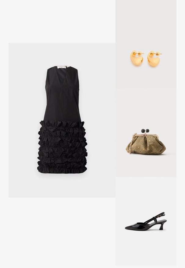 Robe noire sans manches avec un décolleté en V et un design à fronces au niveau de la taille, avec un haut lisse contrastant et un bas texturé.; Chaussure slingback en cuir verni noir à petit talon, bout pointu et bride réglable avec boucle dorée sur fond blanc.; Petite pochette avec motif géométrique doré et noir, cadre en métal doré, fermeture à boule noire et une courte chaîne dorée.; Paire de petites boucles d'oreilles clous épaisses en métal doré avec des formes lisses, courbes et abstraites sur un fond clair.