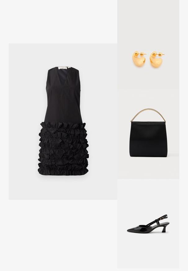 Vestido negro sin mangas con escote en V y un diseño de tejido con volantes en la cintura, parte superior lisa que contrasta con la parte inferior texturizada.; Zapato slingback de charol negro con tacón bajo, punta puntiaguda y correa ajustable con hebilla dorada sobre fondo blanco.; Bolso negro de tela suave, con forma estructurada, asa de cadena dorada y diseño geométrico minimalista.; Par de pequeños pendientes de botón de tono dorado, robustos, con formas abstractas suaves y curvas sobre un fondo claro.