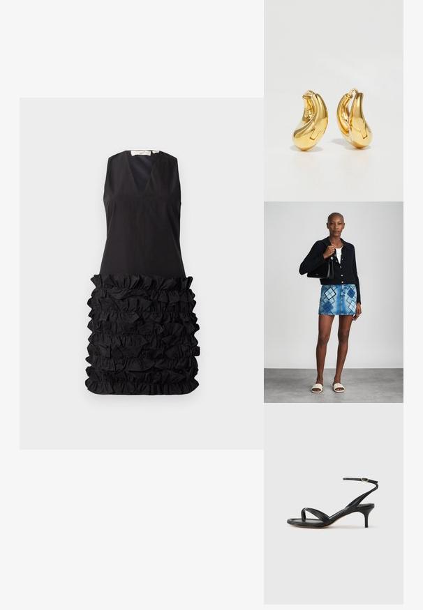 Schwarzes ärmelloses Kleid mit V-Ausschnitt und einem rüschendigen Stoffdesign in der Taille, kontrastierender glatter Oberteil mit strukturiertem unteren Teil.; Schwarze Ledersandale für Damen mit dünnen Riemchen, einer Zehenlasche, einer Knöchelschnalle und einem mittelhohen Stöckelabsatz vor neutralem Hintergrund.; Schwarze Strickjacke, weißes Oberteil, Jeansrock mit blauem und schwarzem Diamantenmuster, schwarze Handtasche und beige Rutschsandalen.; Goldene Creolen mit einer glatten, geschwungenen Form und polierter Oberfläche. Mit einem Verschlussmechanismus und leichten Einkerbungen für Details.