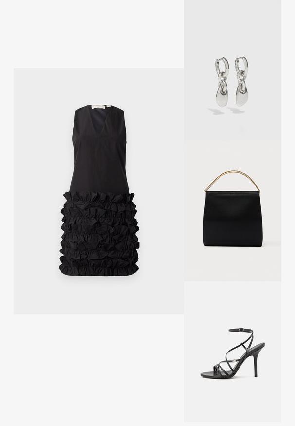 Robe noire sans manches avec un décolleté en V et un design à fronces au niveau de la taille, avec un haut lisse contrastant et un bas texturé.; Sandale noire à talons hauts avec des brides fines, une boucle à la cheville, une surface en cuir lisse et un talon aiguille élancé.; Sac noir en tissu lisse, présentant une forme structurée, une poignée en chaîne dorée et un design géométrique minimaliste.; Boucles d'oreilles en argent avec des maillons ovales allongés, présentant une finition polie et un pendentif tombant texturé. Design simple avec des bords lisses.