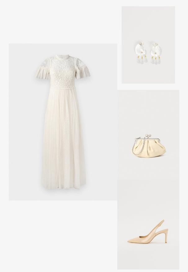 Robe blanche avec un corsage transparent brodé et des manches courtes à volants. La jupe est longue, en tissu léger et texturé à pois.; Escarpin slingback en cuir verni nude avec un bout pointu, un décolleté ouvert et un talon aiguille fin. Comprend un accent doré circulaire sur la sangle.; Pochette en cuir beige plissé avec un cadre en métal argenté, dotée de deux fermoirs ronds décoratifs et d'une chaîne en argent.; Boucles d'oreilles en résine transparente en forme de coquillage avec de petits accents dorés et trois breloques translucides en forme de goutte pendantes sur chaque boucle d'oreille.