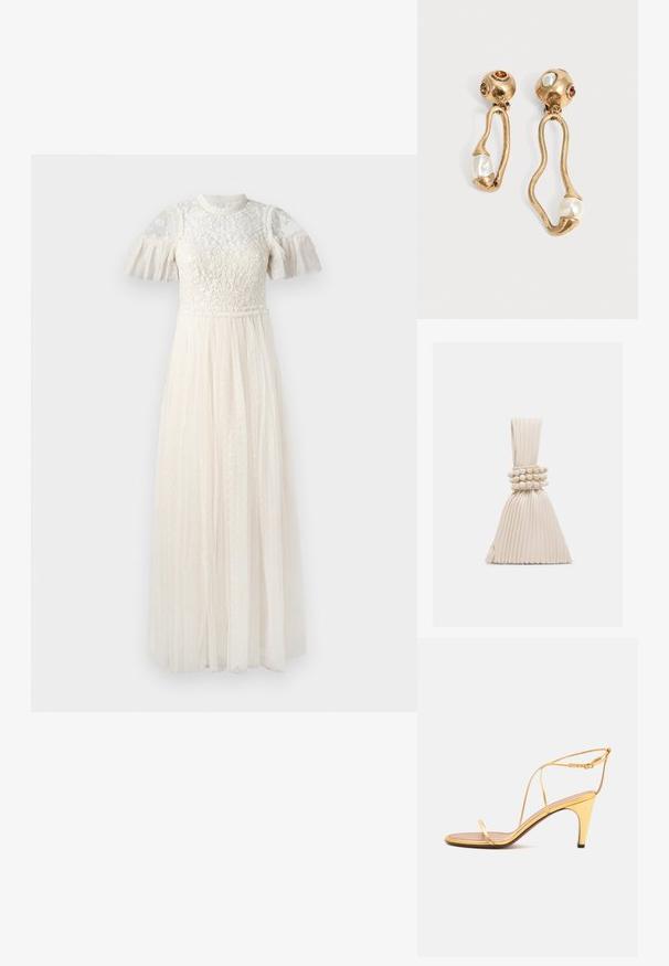 Robe blanche avec un corsage transparent brodé et des manches courtes à volants. La jupe est longue, en tissu léger et texturé à pois.; Sandale à talons hauts dorée avec fines lanières et une fine boucle à la cheville sur un fond gris clair.; Petit sac à main beige plissé avec une anse nouée et trois bracelets ronds en perles enroulés autour du milieu.; Boucles d'oreilles en ton doré avec des formes ouvertes irrégulières, chacune ornée d'une perle en bas et de détails en pierres précieuses sur les clous ronds.