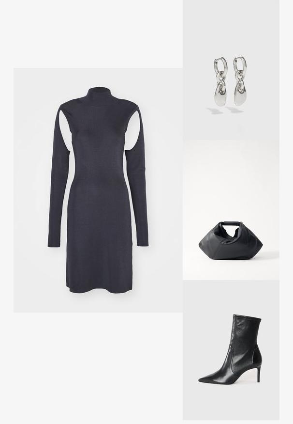 Robe côtelée bleu marine avec un col haut, des manches longues et des découpes aux épaules. Design ajusté avec un ourlet droit. Texture lisse.; Bottes noires à la cheville en cuir lisse, dotées d'un bout pointu, d'un tige ajustée et d'un talon haut fin. Design minimaliste sans quincaillerie visible.; Sac en cuir noir avec un extérieur texturé, une forme froissée unique et une courte poignée. Dispose d'un seul compartiment principal.; Boucles d'oreilles en argent avec des maillons ovales allongés, présentant une finition polie et un pendentif tombant texturé. Design simple avec des bords lisses.