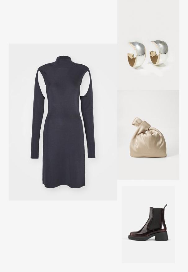 Marineblaues geripptes Kleid mit hohem Kragen, langen Ärmeln und Ausschnitten an den Schultern. Enganliegendes Design mit geradem Saum. Angenehme Textur.; Burgunderfarbene Lackleder-Ankle-Boots mit elastischen Seiteneinsätzen, runder Zehenpartie und schwarzem, stabilen Absatz. Die strukturierte Oberfläche sorgt für Tiefe.; Beige Satinbeutel mit geknotetem Deckel, der eine weiche, glatte Textur und eine runde Form aufweist, entworfen, um einfach und elegant zu sein.; Uncommon Matters SCULPTED CREOLE - Ohrringe - silver-coloured/gold-coloured