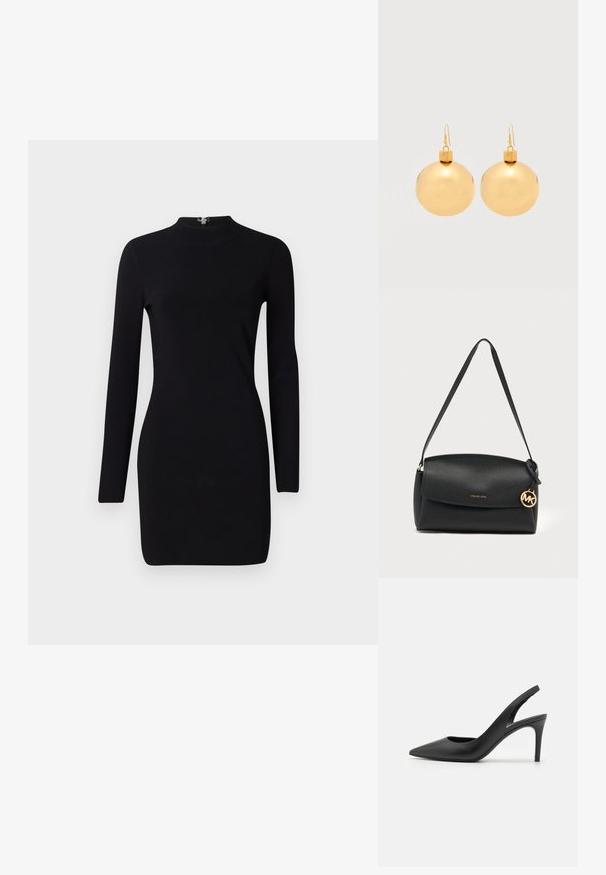 Vestido negro de manga larga con silueta ajustada, cuello alto y cierre con cremallera en la parte trasera. Textura suave y tejido elástico. Sin patrones ni adornos.; Zapatos de tacón alto de cuero negro con diseño de punta afilada, que presentan un corte en la parte delantera y un delgado tacón de aguja.; Bolso de hombro de cuero negro con solapa, charm dorado con el logo de Michael Kors y correa ajustable sobre un fondo claro y liso.; Par de pendientes de bola navideña dorados brillantes con cierre de gancho sobre un fondo blanco liso.