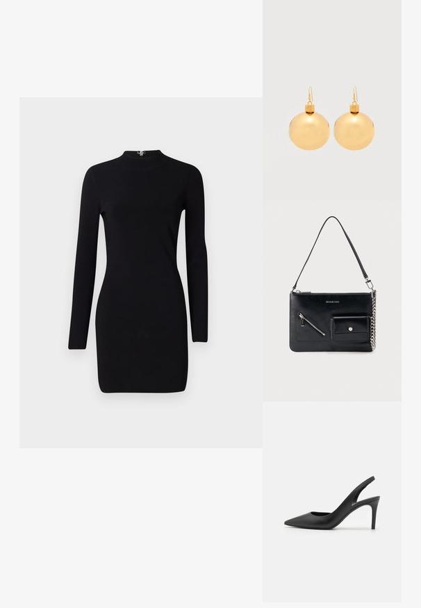 Schwarzes Langarmkleid mit taillierter Silhouette, hohem Kragen und einem Reißverschluss auf der Rückseite. Sanfte Textur und elastischer Stoff. Keine Muster oder Akzente.; Schwarze Leder Slingback High Heels mit einem spitzen Zehendesign, das an der Vorderseite ein Ausschnitt hat und einen dünnen Stilettoblock. ; Schwarze Michael Kors Leder-Umhängetasche mit oberem Reißverschluss, diagonalem Reißverschlussfach vorne, Klappentasche mit Druckknopf und silbernem Kettendetail.; Paar glänzende goldene Weihnachtskugel-Ohrringe mit Hakenverschlüssen auf einfachem weißem Hintergrund.